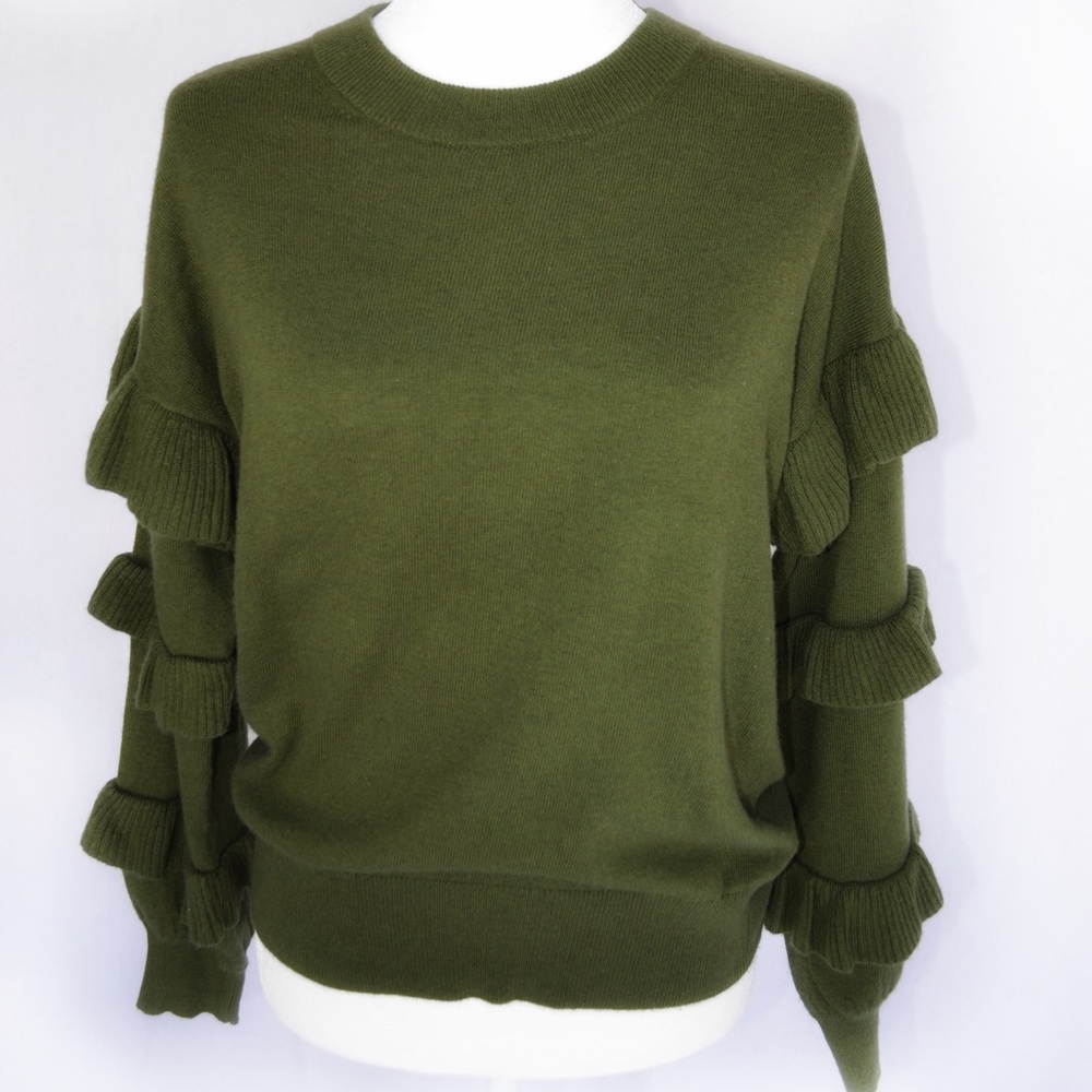 Green  J. Crew sweater with ruffle sleeves. Size S